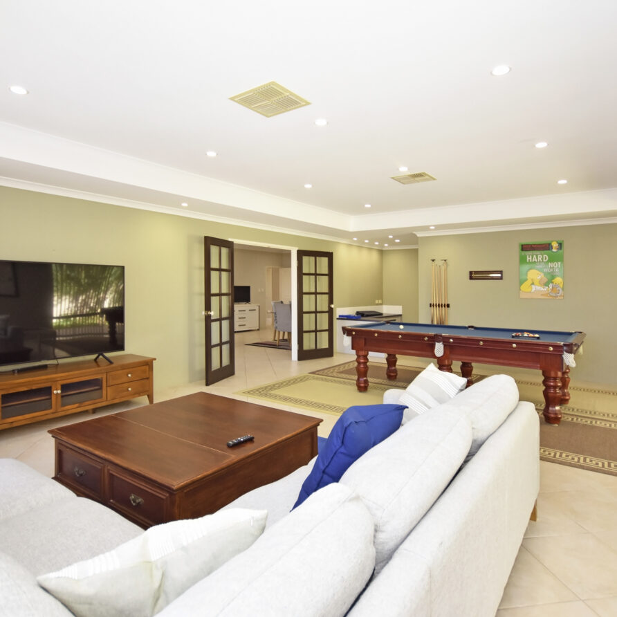 Games room  perth holiday stays Games room complete with pool table and massive tv