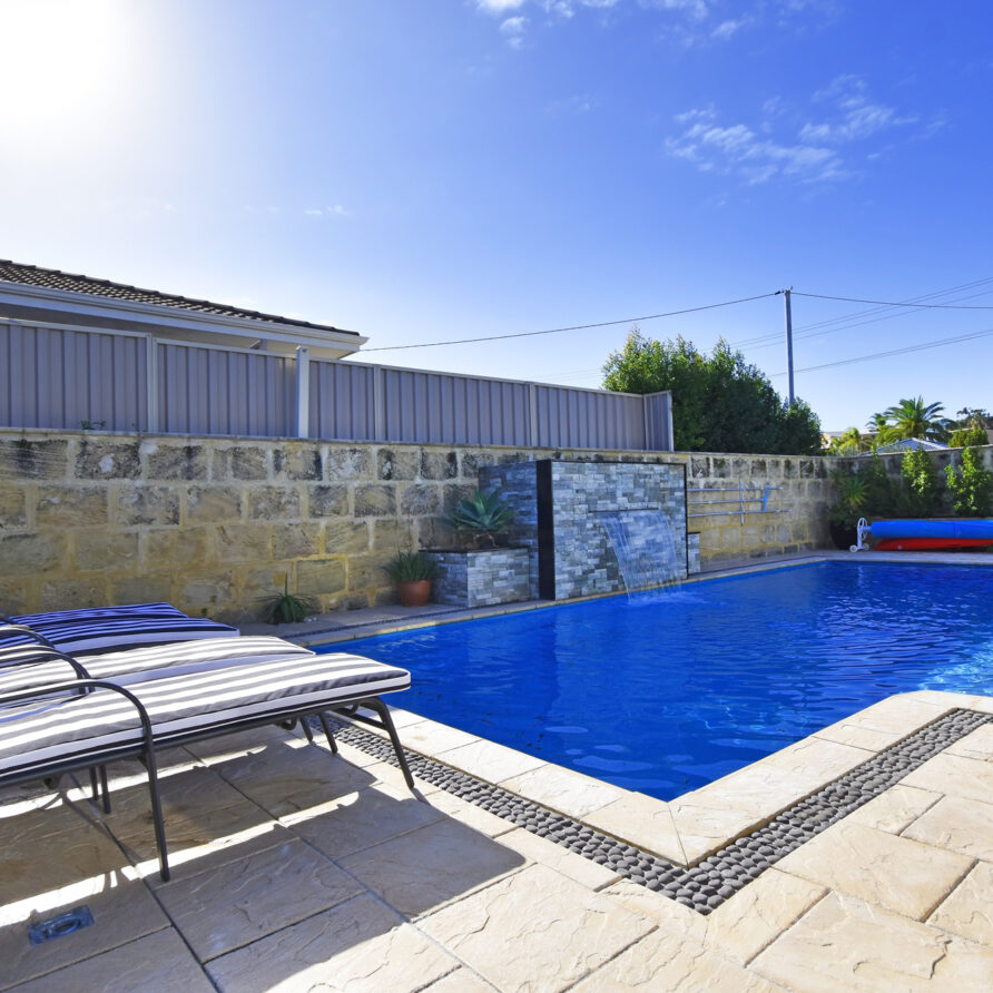 Large sparkling pool with solar blanket  perth holiday stays